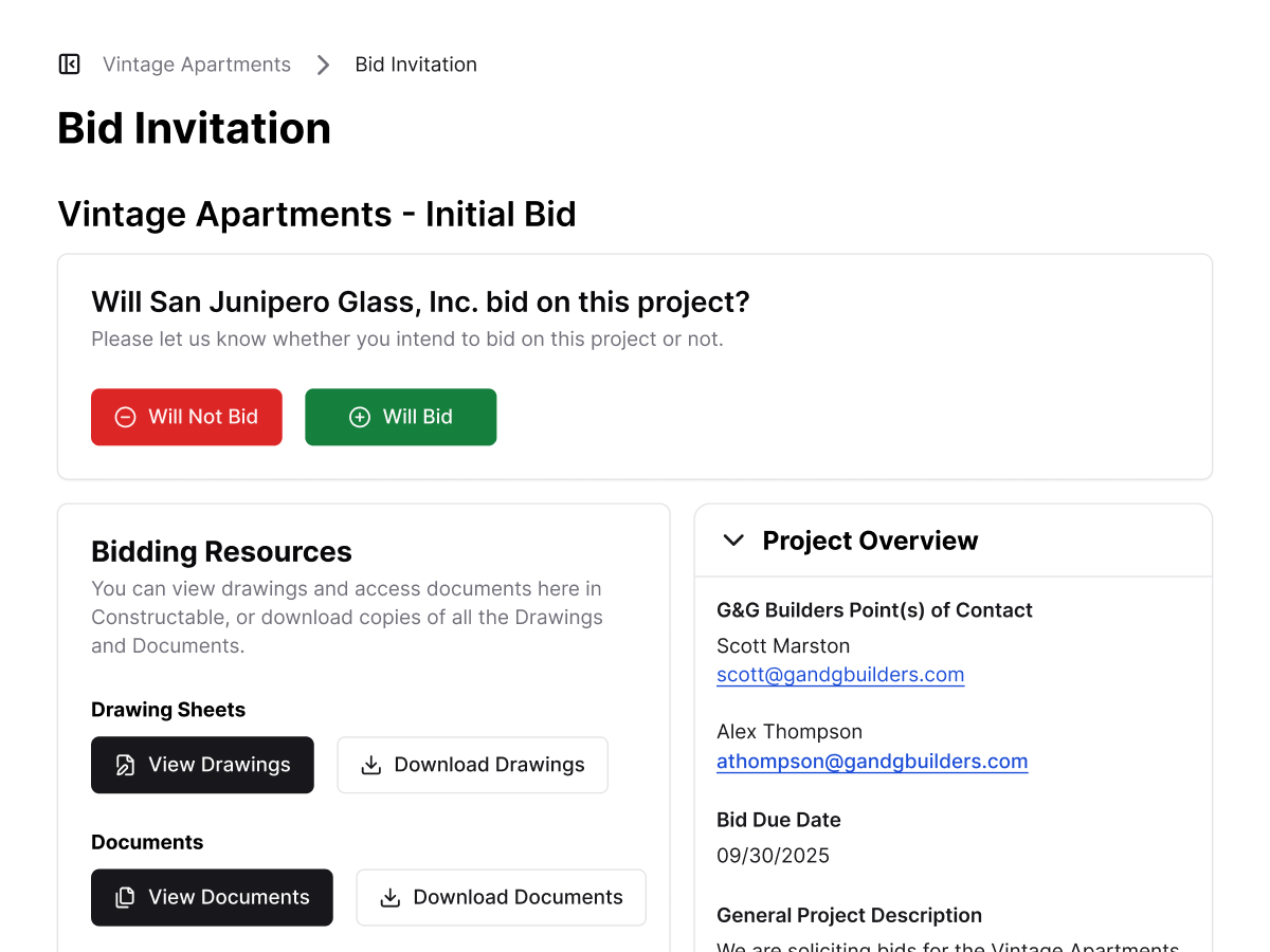 An image of the bidder landing page in Constructable