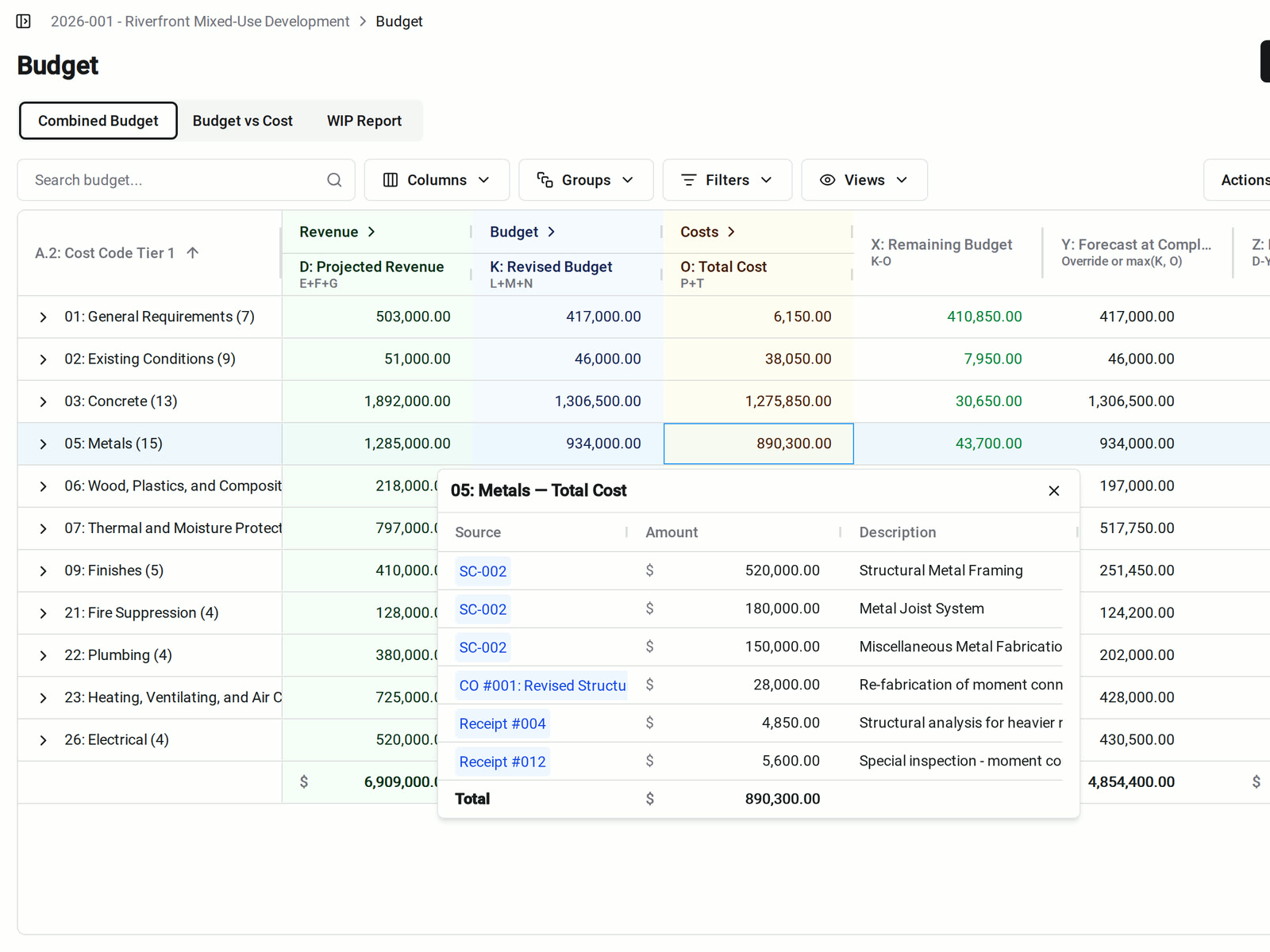 A cell breakdown in Constructable for the Metals division total cost, listing subcontract SOV lines, a change order, and two receipts that add up to $890,300