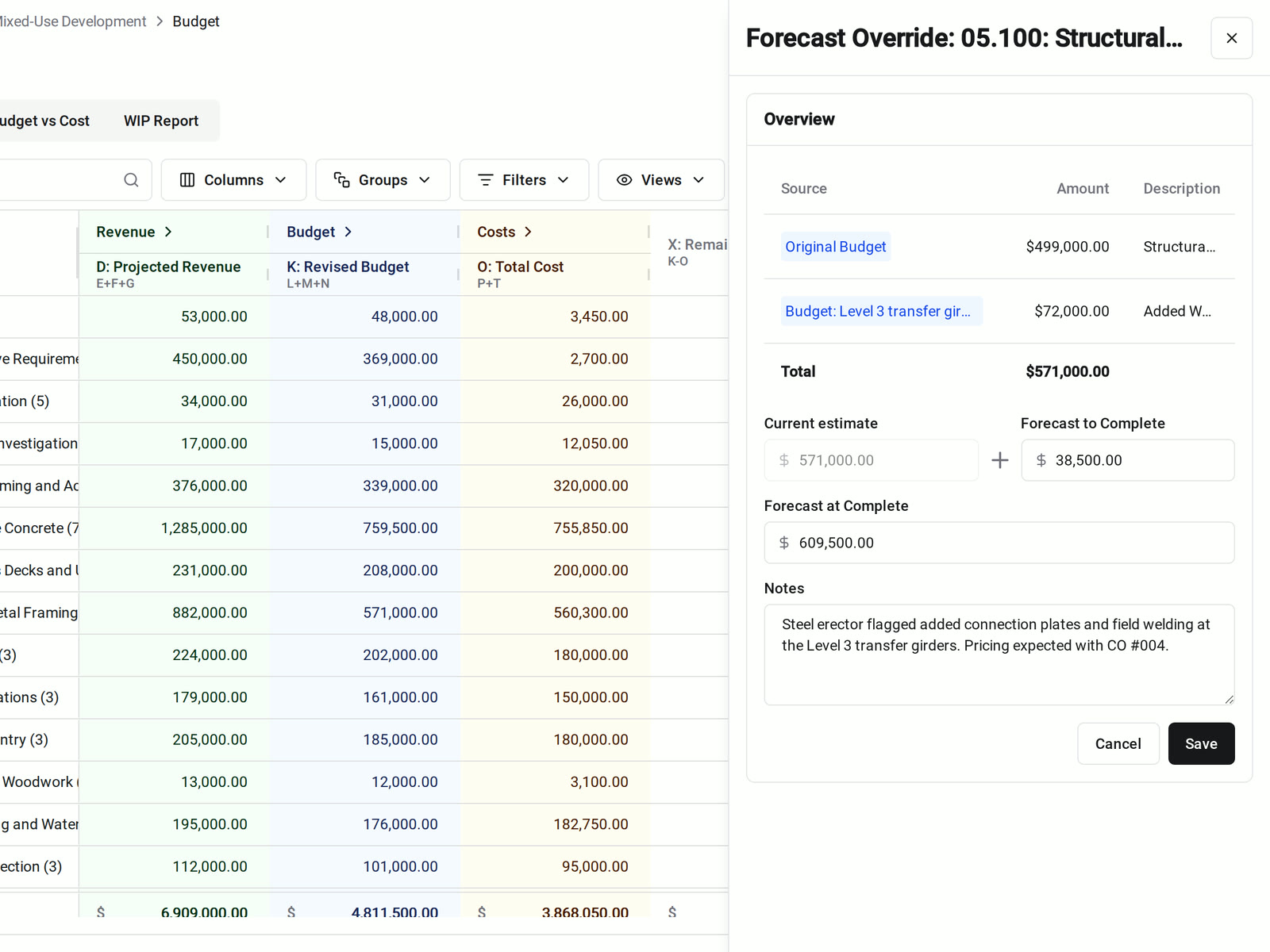 The Forecast Override sheet in Constructable for structural metal framing, with a $38,500 Forecast to Complete and a note about added connection plates