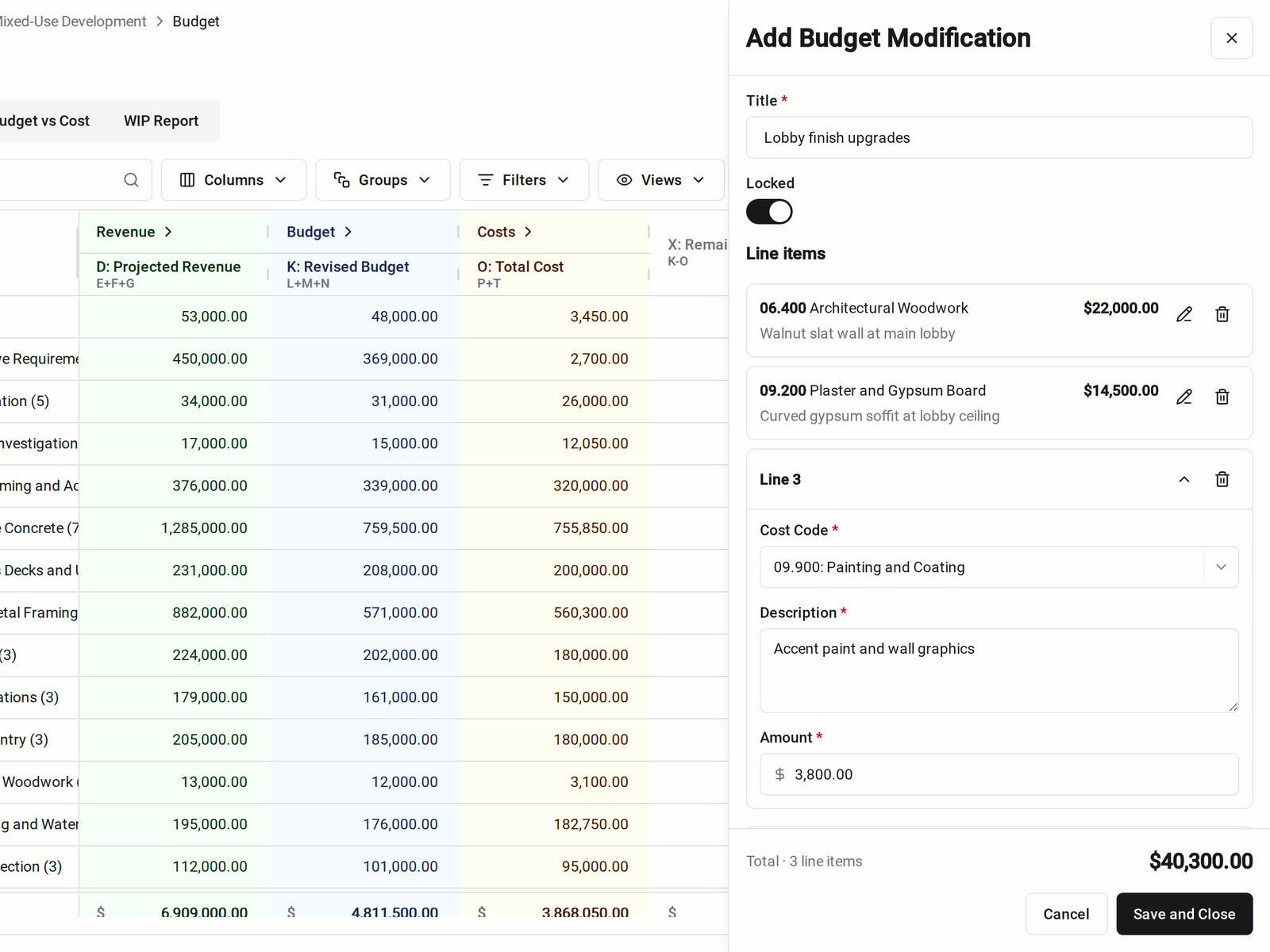The Add Budget Modification sheet in Constructable with three line items for lobby finish upgrades and a running total of $40,300
