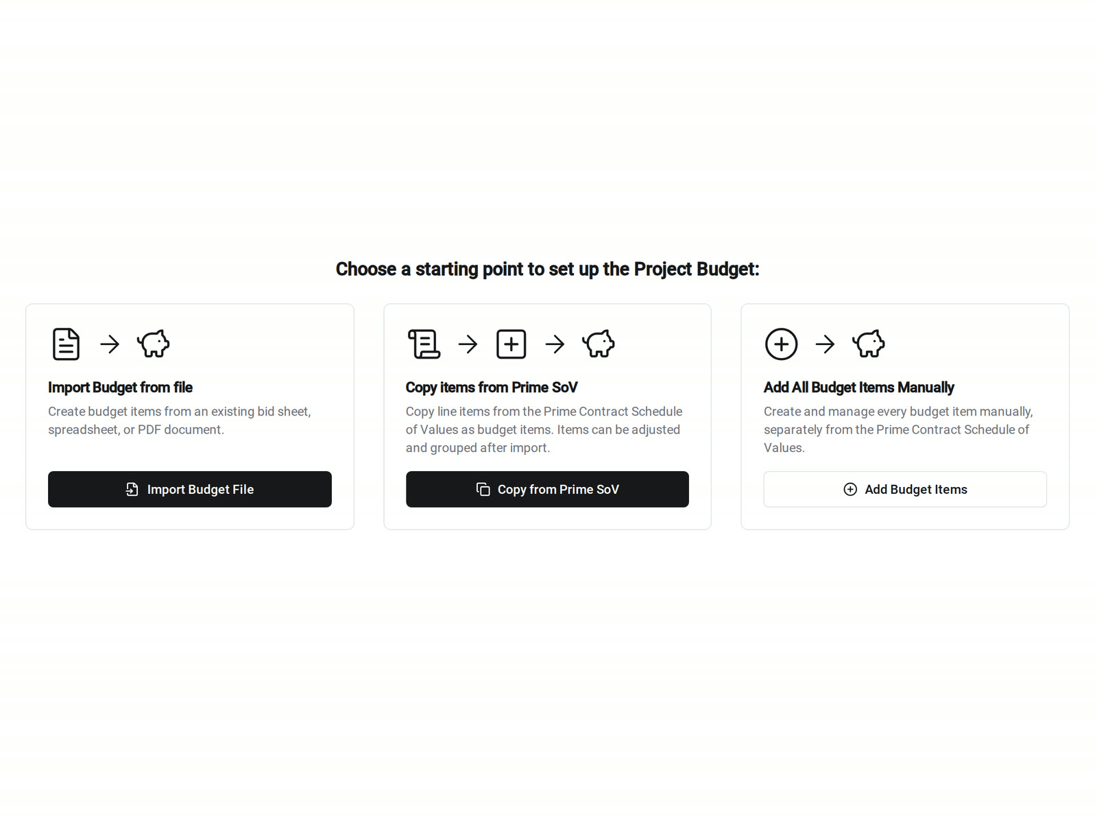 The Budget Setup page in Constructable with three choices: Import Budget File, Copy from Prime SoV, and Add Budget Items