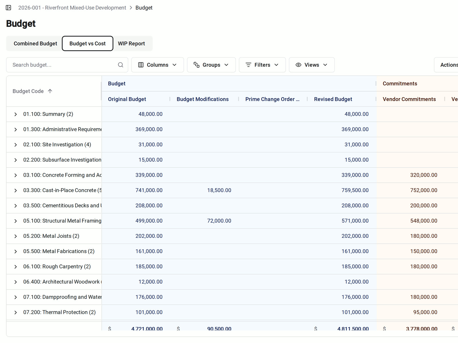 The Budget vs Cost tab in Constructable showing Original Budget, Budget Modifications, Revised Budget, and Vendor Commitments for each Budget Code