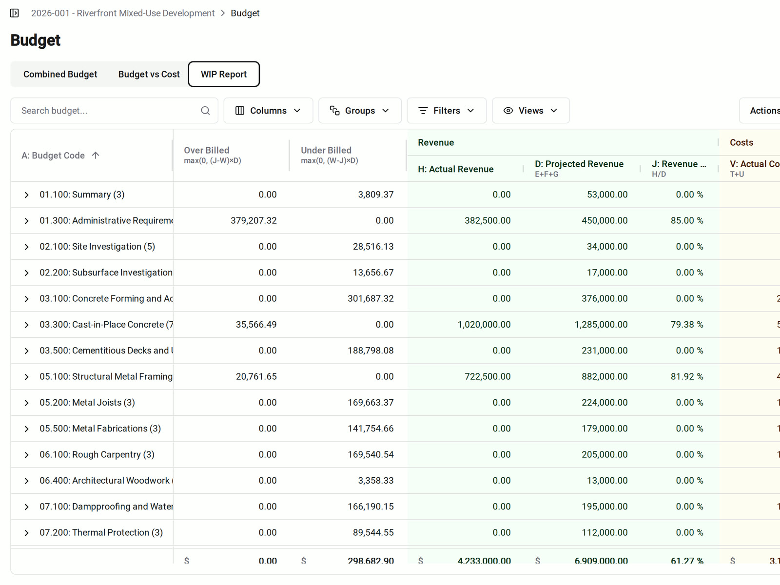 The WIP Report tab in Constructable showing Over Billed, Under Billed, actual revenue, projected revenue, and revenue percent complete for each Budget Code