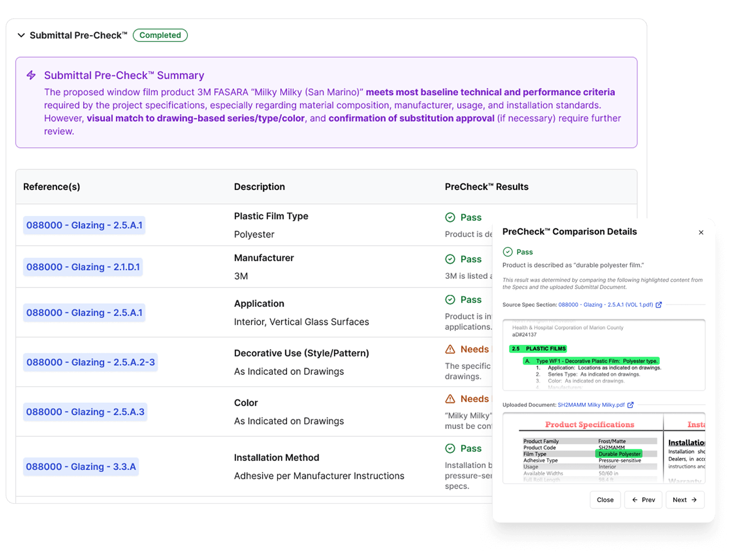 A screenshot of Constructable's Submittal Pre-Check feature, which shows a line-by-line comparison of the responsible contractor's uploaded product detail sheet to the project's specifications. The screenshot shows a clear table view of the comparison, which is performed automatically by AI, with the project's specs on the left and the product detail sheet's comparison results on the right. The results indicate whether the uploaded document has an exact match to the required specification item, a mismatch, or needs further manual review. Users can click a specification item to view the actual line-by-line comparison between the two documents, highlighting the corresponding line in the project's specs and the product detail sheet, making it easy to see the exact match or mismatch between the two. This feature is highly useful for quickly and autonomously verifying the accuracy of the submittal document against the project's specs, saving consultants and submittal managers lots of review time and reducing the risk of errors in the project.