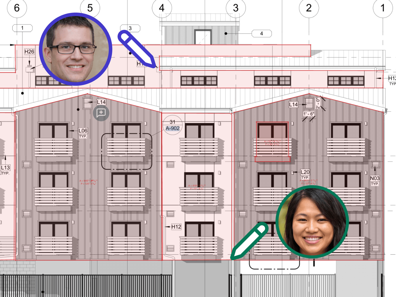 Two teammates marking up the same construction drawing in Constructable at the same time